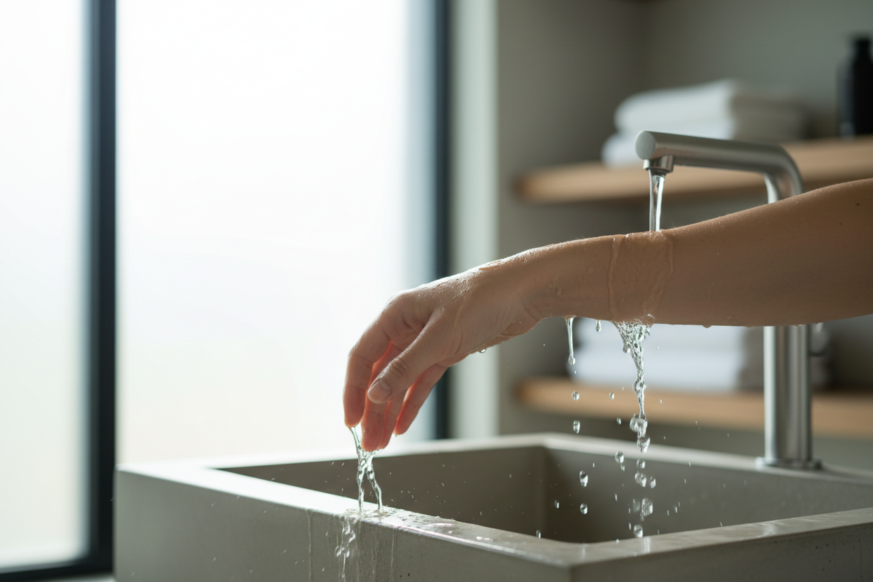 Erstelle ein ruhiges, frisches Wellness-Bild, das das Abspülen der Haut mit lauwarmem Wasser zeigt.
Sanft fließendes Wasser über der Haut, Gefühl von Reinheit, Klarheit und Frische.
Die Stimmung ist leicht, sauber und belebend, mit hellem, natürlichem Licht und einem minimalistischen Badezimmer- oder Spa-Ambiente.
Hochwertiger, moderner Skincare-/Wellness-Stil, kein Text, keine Logos, weiche Tiefenschärfe.