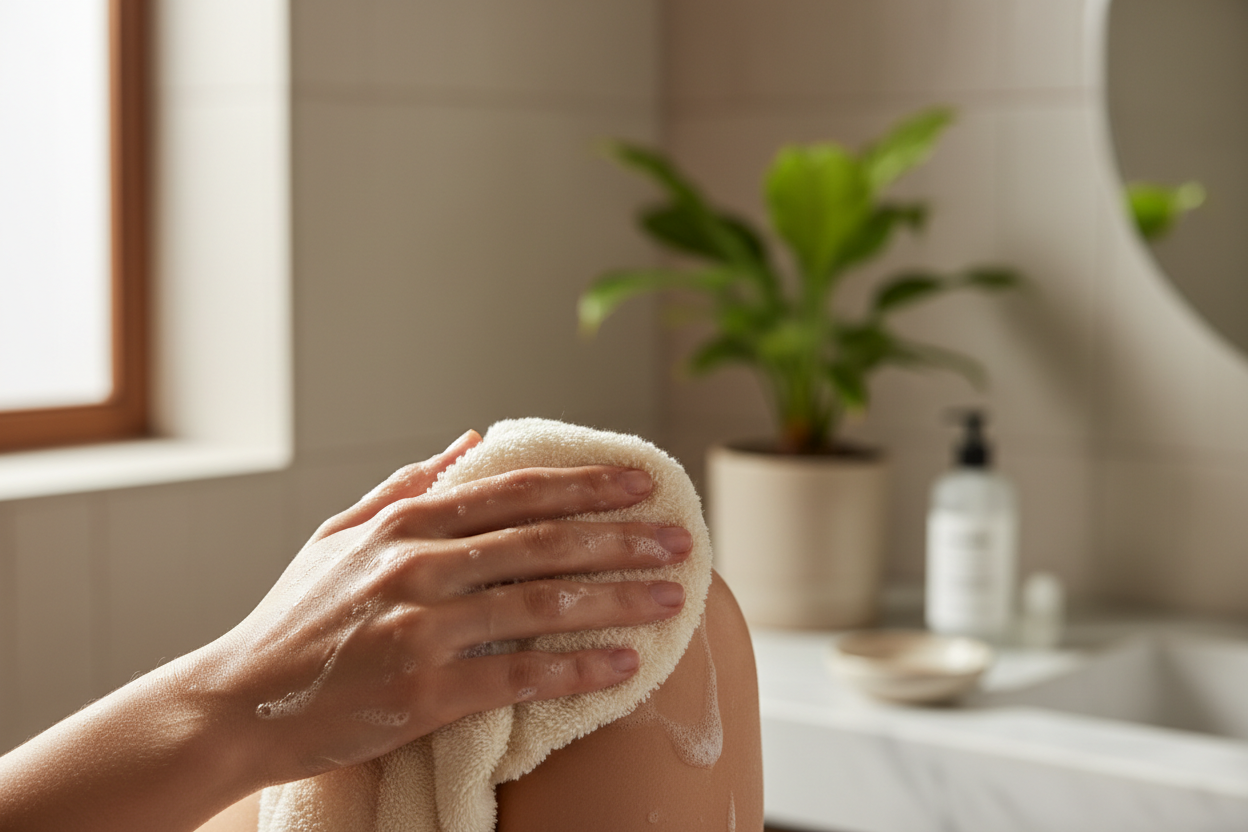 Erstelle ein ruhiges Wellness-Bild, das eine sanfte, achtsame Berührung der Haut zeigt.
Eine Hand gleitet mit einem angefeuchteten Duschhandtuch und etwas Reinigungsprodukt in kreisenden Bewegungen über die Haut.
Die Stimmung ist zart, pflegend und beruhigend, mit warmem, natürlichem Licht und einem minimalistischen Spa- oder Badezimmer-Ambiente.
Hochwertiger, moderner Skincare-/Wellness-Stil, kein Text, keine Logos, weiche Tiefenschärfe.